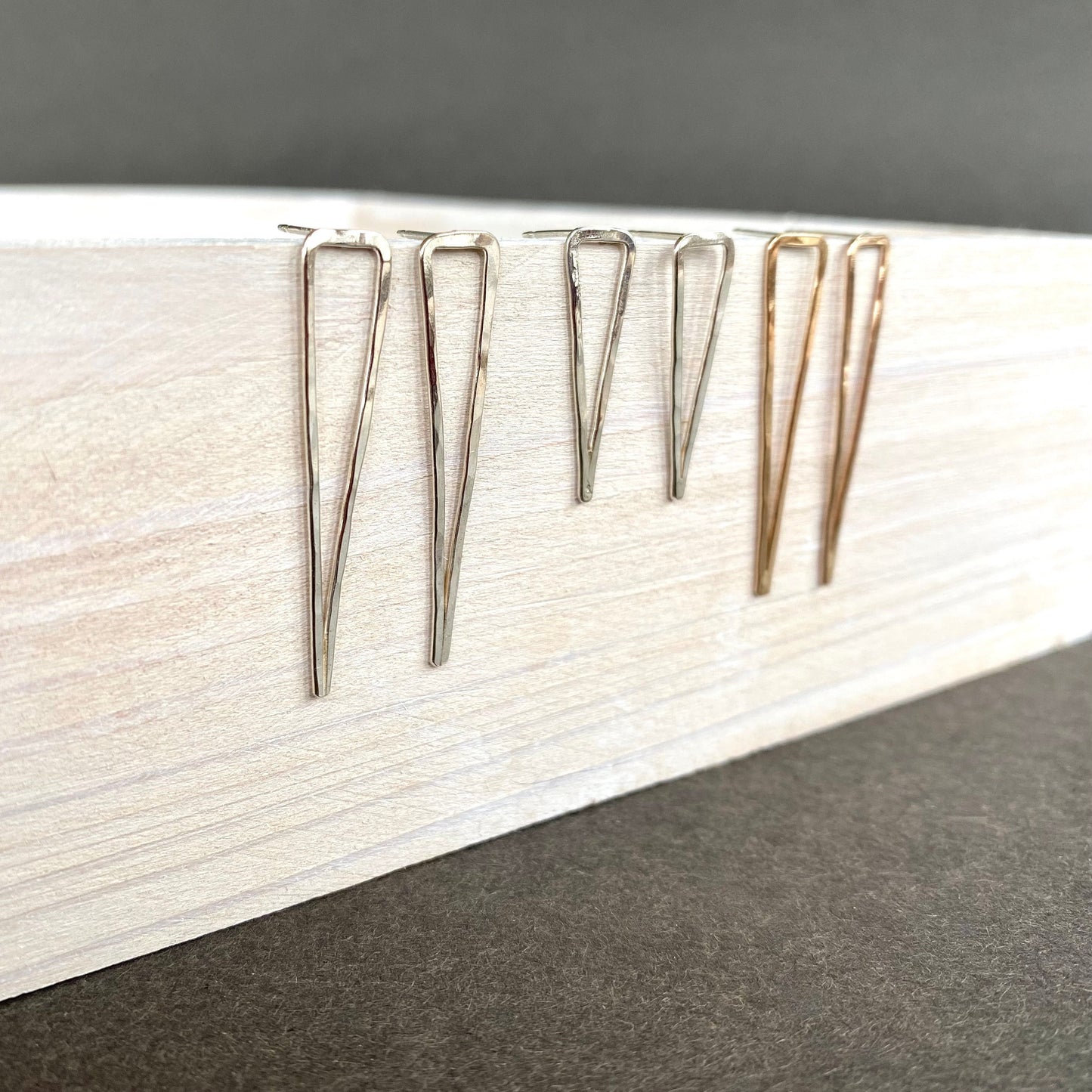 perfectly imperfect long triangle studs